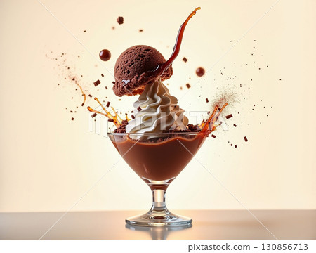 Artistic Delicious Chocolate Sundae with Splash Dessert Food Illustration 130856713