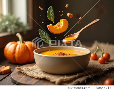 Still Life Composition Pumpkin Soup Garnished and Presented with Fall Elements Still Life Composition Pumpkin Soup Garnished and Presented with Fall Elements 130856717