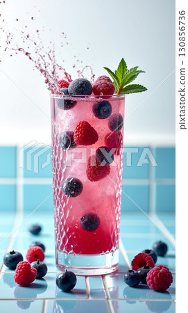 Refreshing Summer Berry Drink with Splash in a Textured Glass Still Life 130856736