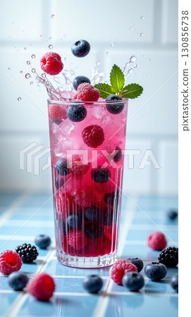 Refreshing and Colorful Berry Blast Beverage with Splashing Water Action Refreshing and Colorful Berry Blast Beverage with Splashing Water Action 130856738