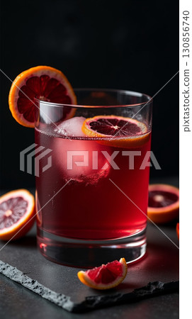 Refreshing Blood Orange Cocktail in Glass with Ice Cube and Slice Refreshing Blood Orange Cocktail in Glass with Ice Cube and Slice 130856740
