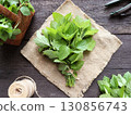 Bunch of Fresh green organic mint leaf on wooden table closeup. Selective focus.  130856743