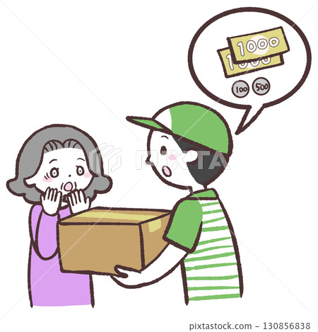 一位老年婦女因貨到付款而感到驚訝的插圖 130856838