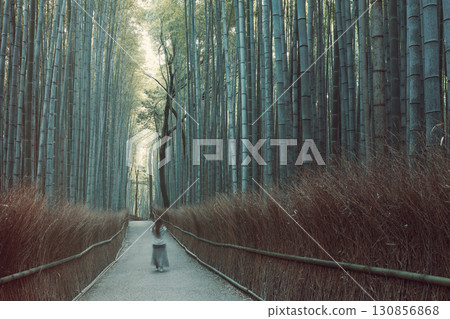 Motion blurred visitor on path in Arashiyama Bamboo Grove Kyoto with vintage tones in quiet forest Motion blurred visitor on path in Arashiyama Bamboo Grove Kyoto with vintage tones in quiet forest 130856868