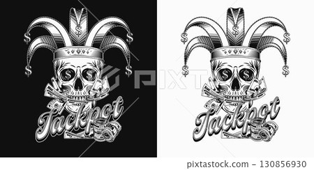 Black and white emblem with joker, jester skull in harlequin hat with dollar signs, text. Mouth full of cash money. Concept of luck, win jackpot. 130856930