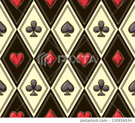 Seamless geometric pattern with red, black card suits icons on checkered ornament in rhombus grid. Hearts, clubs, spades, diamonds symbols. Gambling, casino theme Seamless geometric pattern with red, black card suits icons on checkered ornament in rhombus grid. Hearts, clubs, spades, diamonds symbols. Gambling, casino theme 130856934