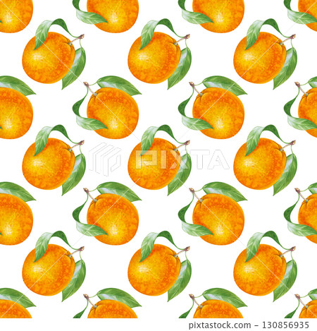 Seamless botanical pattern with hand-painted oranges. Watercolor seamless background with bright fruits and green leaves on a white background. For tableware, textiles, packaging, wallpaper 130856935