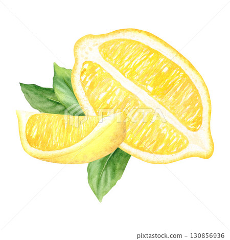 Watercolor illustration of half a lemon, slice and green leaves, hand-drawn isolated on a white background. Tropical fruit. Ideal for packaging, menus, cards. 130856936