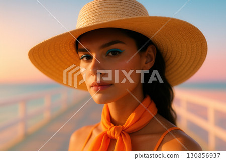 Sunlit Woman in Straw Hat with Turquoise Liner on Seaside Boardwalk 130856937