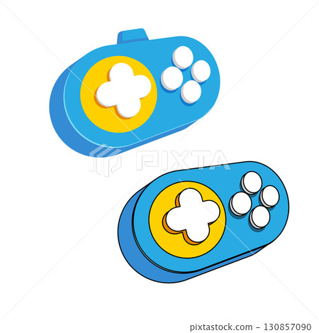 blue cartoon gamepad vector illustration, cute gaming console design for kids, fun graphic element for apps, websites, stickers, labels, creative game development, technology, entertainment 130857090