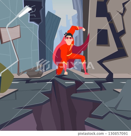 Superhero. red uniform hero in damages cracked city 130857091