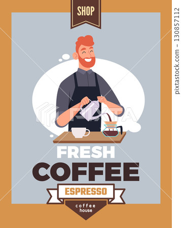 Coffee shop. poster for coffee house with barista. template with place for personal text 130857112