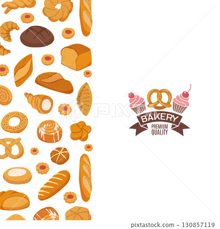 Bakery. tasty bread and patisserie products. vector background template 130857119
