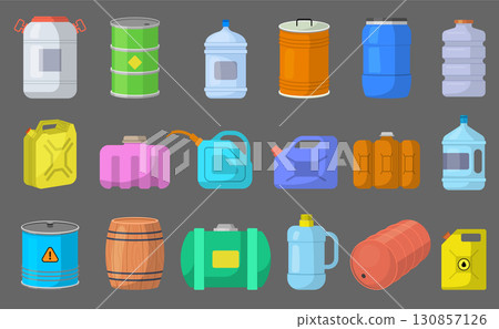 Containers for liquid. Canister jars cans and barrels bottles for different liquids recent vector cartoon illustrations 130857126
