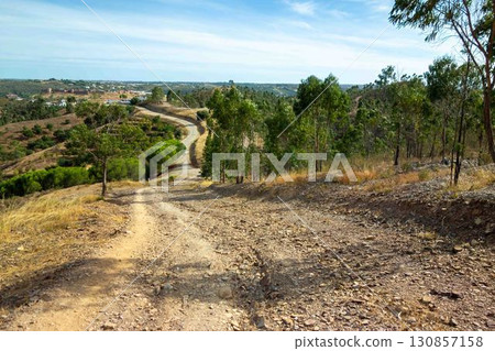 Idyllic landscape with medieval castle seen from dirt path Via Algarviana hiking trail Portugal 130857158