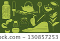Retro matcha tea set in green design traditional elements. Perfect for cafes, tea brands, packaging, and designers. 130857253