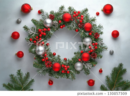 Festive Decorations With Red and Silver Ornaments Creating a Holiday Atmosphere in Winter. 130857309