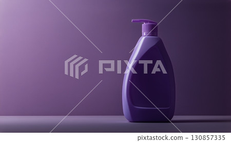 Purple Liquid Soap Bottle Displayed Against a Smooth Purple Background in a Minimalist Setting 130857335