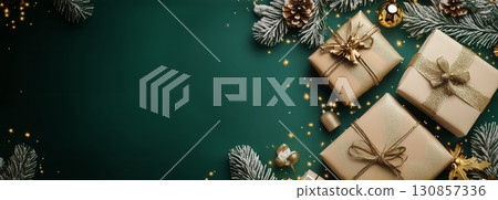 Decorative Arrangement of Gift Boxes and Ornaments on a Green Background for a Festive Celebration. 130857336