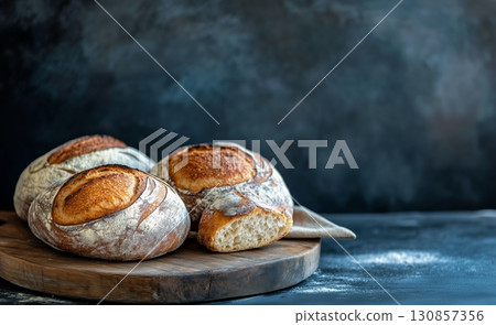 Freshly Baked Artisanal Bread Loaves on a Wooden Board Ready for Serving 130857356