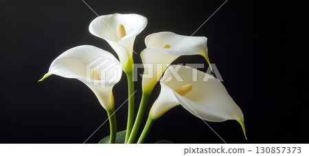 Elegant White Calla Lilies Arranged on a Dark Background for a Graceful Floral Display 130857373