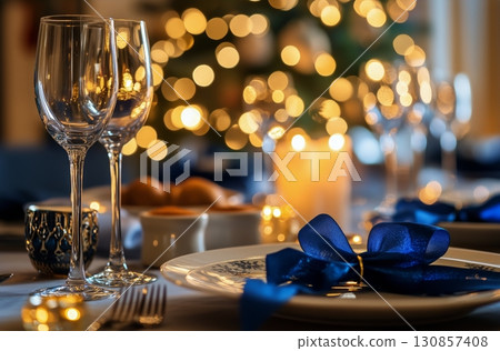 Elegant Dinner Table Setup for Holiday Celebration With Sparkling Decorations and Warm Ambiance Elegant Dinner Table Setup for Holiday Celebration With Sparkling Decorations and Warm Ambiance 130857408