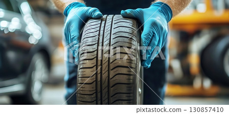 Worker Carefully Inspecting a Tire at an Automotive Shop in Daylight 130857410