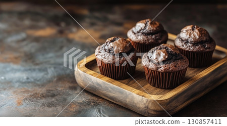 Freshly Baked Chocolate Cupcakes on Wooden Tray in Cozy Kitchen Setting 130857411