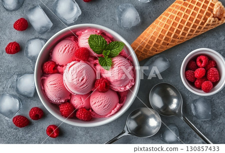 Delicious Raspberry Ice Cream Served With Fresh Berries in a Bowl on a Gray Background 130857433