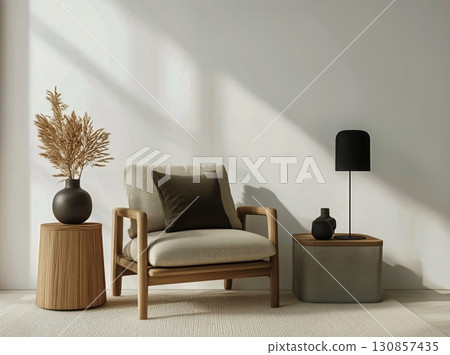 Modern Interior Design Featuring a Minimalist Chair and Decorative Elements in a Cozy Living Space. Modern Interior Design Featuring a Minimalist Chair and Decorative Elements in a Cozy Living Space. 130857435