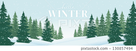 Winter Landscape with Evergreen Trees Vector. 130857494