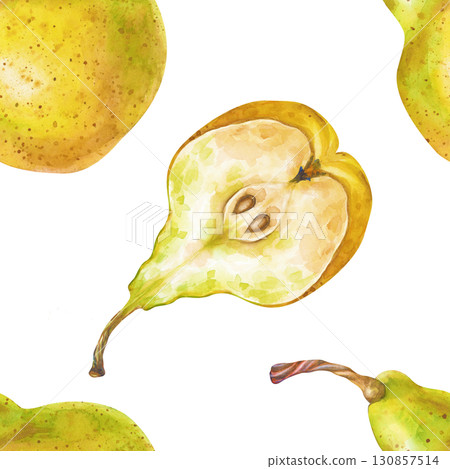 Watercolor seamless fruit pattern on a white background. Whole pears and halves are isolated on white. Botanical seamless background with juicy seasonal fruits. For packaging, wallpaper, kitchen 130857514