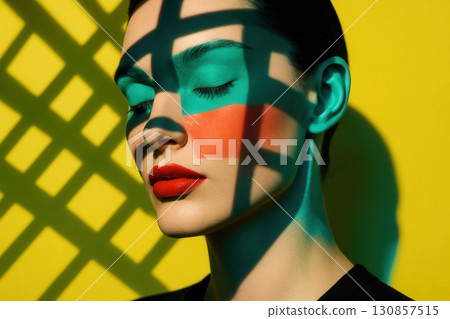 Geometric Beauty Portrait With Turquoise And Coral Color Block Under Lattice Shadows On Yellow 130857515