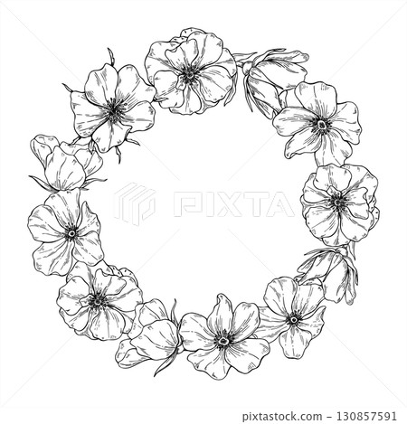 Monochrome blooming flower heads vector wreath painting by black inks. Wild poppy etching drawing round frame with blank space for text. For herbal product packaging, valentine day invitations Monochrome blooming flower heads vector wreath painting by black inks. Wild poppy etching drawing round frame with blank space for text. For herbal product packaging, valentine day invitations 130857591