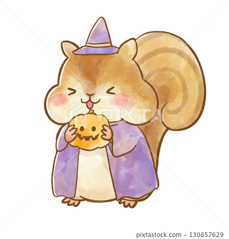 萬聖節服裝中微笑的松鼠和南瓜燈的水彩插圖 130857629