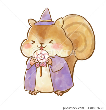 水彩畫：一隻穿著萬聖節服裝、笑容可搧的松鼠，手裡拿著一根棒棒糖 130857630