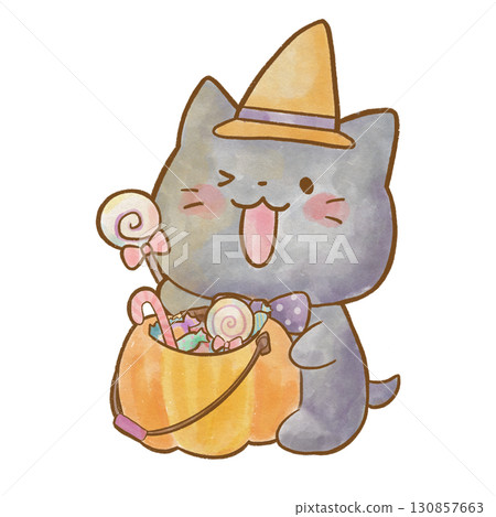 Watercolor illustration of a cute black cat dressed up for Halloween and holding a pumpkin full of candy / for children 130857663