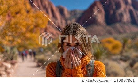 Sunlit Hiking Moment. Woman sneezes on a sunlit trail surrounded by mountains 130857861