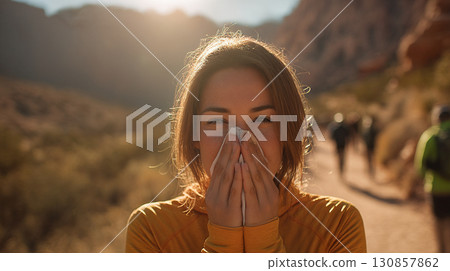 Sunlit Hiking Moment. Woman sneezes on a sunlit trail surrounded by mountains 130857862