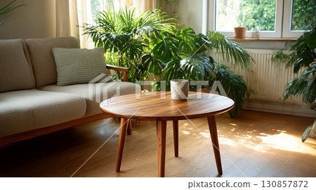 Cozy Sunlit Living Room. A warm, inviting living room with a wooden table, sofa Cozy Sunlit Living Room. A warm, inviting living room with a wooden table, sofa 130857872