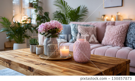 Cozy Living Room. Warm and inviting living room with pastel tones 130857873