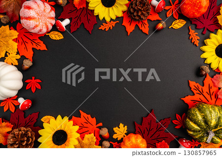 Autumn Border with Pumpkins, Sunflowers, and Felt Leaves Autumn Border with Pumpkins, Sunflowers, and Felt Leaves 130857965