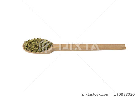 Dried leaves o Lemon verbena in latin Aloysia citrodora on wooden spoon isolated on white background. Medicinal. herb. 130858020