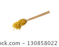 Dried Calendula or Marigold petals on wooden spoon isolated on white background. 130858022