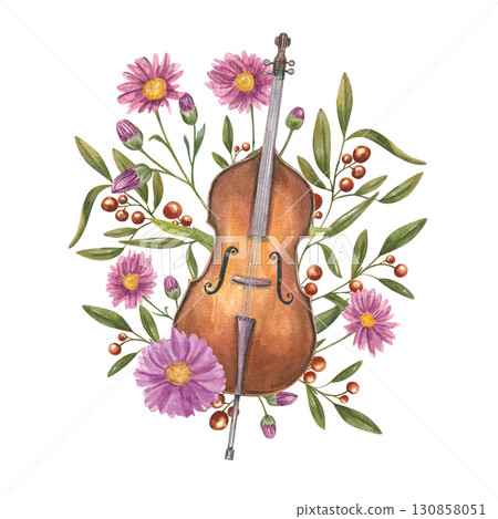 Watercolor contrabass with autumn blooming chrysanthemum and decorative berry plant illustration on isolated background. Double bass musical instrument, aster flower, evergreen cotoneaster composition 130858051