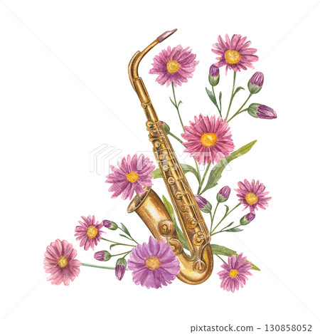 Watercolor brass saxophone among autumn blooming purple aster flowers illustration on isolated background. Floral composition of woodwind musical instrument, chrysanthemum bouquet for festival poster. 130858052