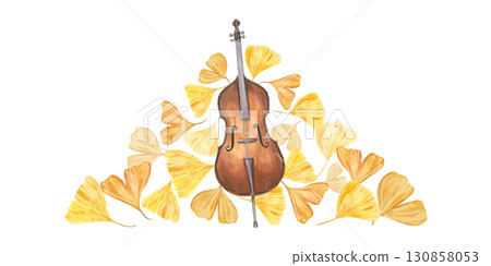 Brown contrabass on golden gingko biloba leaves watercolor illustration on isolated background. Classical musical instrument, autumn tree leaf. Musical composition for festival decor, concert poster. Brown contrabass on golden gingko biloba leaves watercolor illustration on isolated background. Classical musical instrument, autumn tree leaf. Musical composition for festival decor, concert poster. 130858053