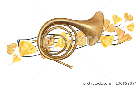 French horn on black musical staff with golden gingko biloba leaves watercolor illustration on isolated background. Wind instrument, note stave and autumn leaf composition for festival design. French horn on black musical staff with golden gingko biloba leaves watercolor illustration on isolated background. Wind instrument, note stave and autumn leaf composition for festival design. 130858054