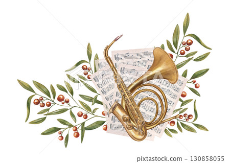 French horn, saxophone on music note papers and red berry plant watercolor illustration on isolated background. Vintage classical musical wind instruments, books, evergreen branches for invitation. French horn, saxophone on music note papers and red berry plant watercolor illustration on isolated background. Vintage classical musical wind instruments, books, evergreen branches for invitation. 130858055