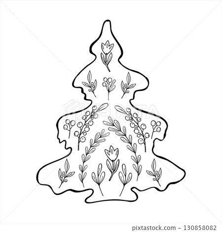 Minimalistic Christmas tree decorated flowers and berry plant branches in doodle style vector illustration painted by black inks. Hand drawn Xmas element sketch for holiday card, festive design Minimalistic Christmas tree decorated flowers and berry plant branches in doodle style vector illustration painted by black inks. Hand drawn Xmas element sketch for holiday card, festive design 130858082